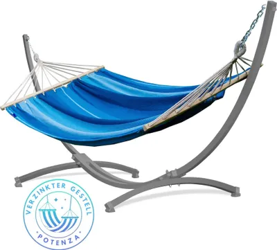 Produktbild von Potenza Outdoor Hängematte mit Gestell für 2 Personen I Stabhängematte XXL 220x160, 200kg I Verzinkter Grau Hängemattengestell 220kg Wetterfest