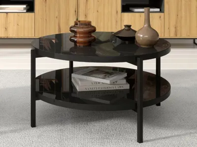 Produktbild von GrainGold Couchtisch mit Ablage Sevilla - Couchtisch Rund, Wohnzimmer Couchtisch, Moderne Couchtisch - Couchtisch Schwarz Glanz
