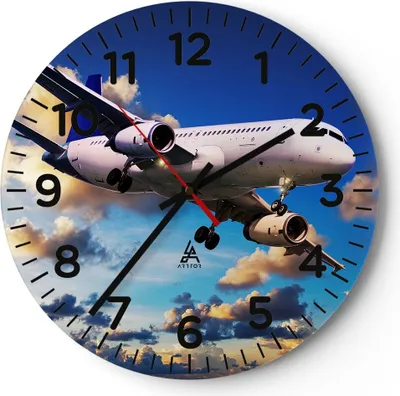 Produktbild von Wanduhr - Rund - Glasuhr - Flugzeug Flug Reise Fahrzeug - 30x30cm - Schleichendes Uhrwerk - Lautlos - zum Aufhängen bereit - Dekoration Modern - Wanddekoration aus Glas - C4AR30x30-2445