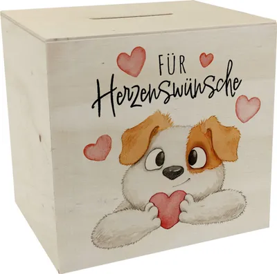 Produktbild von Hund Spardose aus Holz mit Spruch Für Herzenswünsche