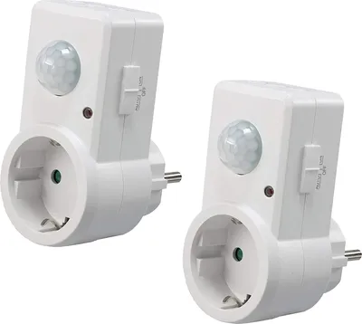Image de Prise ChiliTec avec détecteur de mouvement 120°, portée de 9 m, 1200 W, 230 V, adaptateur, durée de commutation réglable de 10 s à 15 min, sensibilité réglable, blanc, lot de 2
