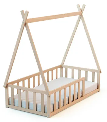 Image de WEBABY - Lit tipi enfant au sol en bois 70 x 140 cm Hêtre brut