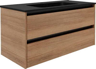 Produktbild von FACKELMANN VITA Waschbecken mit Unterschrank 101 cm, Braun Hell, Gussmarmor Schwarz Matt  Stil trifft Funktionalität für Dein Bad