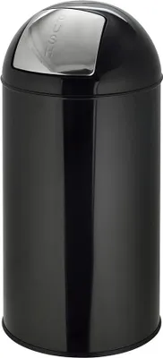 A black trash can with a silver push lid.