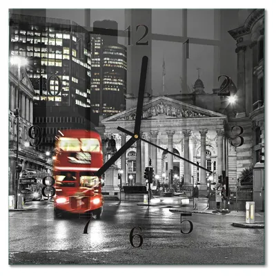 Immagine prodotto di Orologio da parete Tulup Glasuhr, orologio da cucina, vetro vero, 30x30 cm, design moderno e decorativo, silenzioso, con lancette nere - Motivo: autobus di Londra