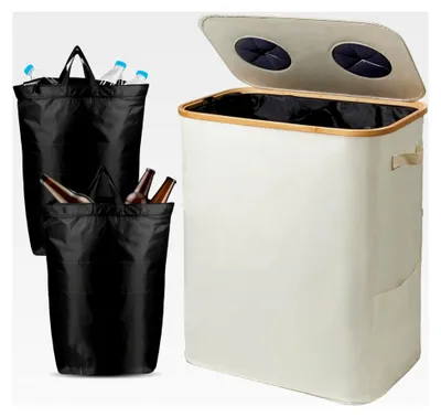 Produktbild von 140L Pfandflaschen-Sammelbehälter mit Deckel und XXL Tragetaschen, Flaschensammler für Leergut und Altglas, 2 Fächer Organizer mit Lochdesign, Recyclingbehälter für Küche und Abstellraum