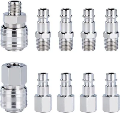 Immagine prodotto di Set di raccordi per tubi dell'aria da 1/4 di pollice BSP - con filettatura interna ed esterna - per compressori, tubi flessibili e utensili pneumatici - 10 pezzi - argento