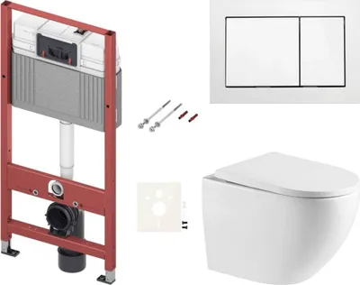 Produktbild von SAT Hänge-WC Wirbelspülung Set inkl. WC-Sitz Absenkautomatik Vorwandelement TECE Betätigungsplatte Schallschutz, Weiß