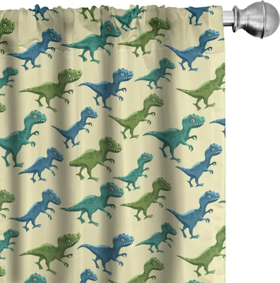 Immagine prodotto di ABAKUHAUS Tende, tende, tema giurassico, motivo cartone animato dinosauri, T-rex che cammina, 2 pezzi 75 x 225 cm, multicolore giallo