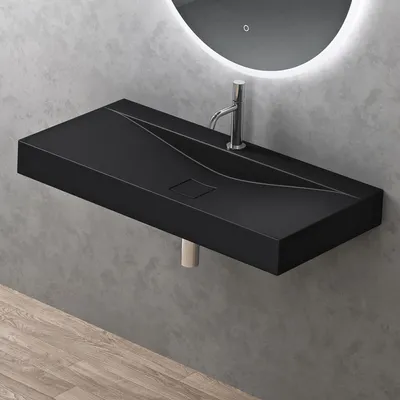 Image de doporro Vasque à Poser 80cm avec Bonde Lavabo Suspendu Noir Mat Colossum810 Fonte Minérale Solid Surface 80x48x12cm