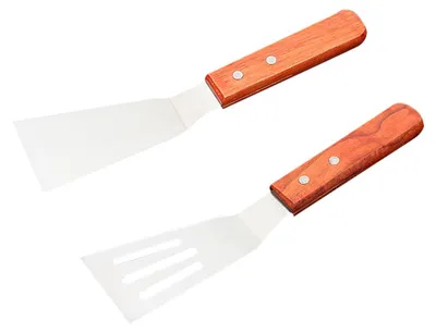 Produktbild von 2er Set Edelstahl Pfannenwender Mit Holzgriff, 23,6 x 5 cm, Grillzange Für Pfanne Und Grill – Bratenspatel Mit Drei Löchern Zum Ölablassen, Spülmaschinenfest
