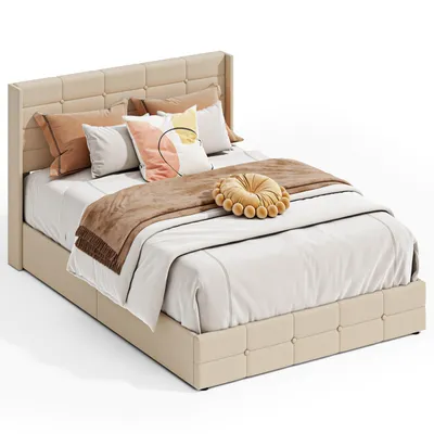 Produktbild von BEALIFE Polsterbett 140x200 cm mit Lattenrost & Hydraulikbett | Doppelbett mit Stauraum & Kopfteil in Leinenoptik | Grau/Beige | 14BF84