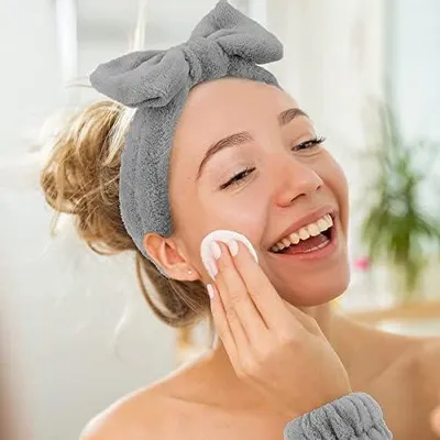 Produktbild von 2 Kosmetik-Haarbänder für Damen mit 2 Paar Handgelenk-Waschbändern, Schleifen-Stirnband zum Schminken für Mädchen und Frauen