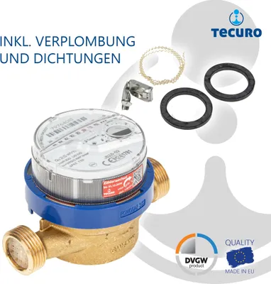 Produktbild von tecuro Kalt - Wasserzähler mit Baulänge 110 mm, Q³ 2,5 m³/h, DN15, 3/4 Zoll Außengewinde, bis 30°C, DVGW, WRAS, 6 Jahre Eichlaufzeit