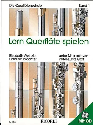 A book cover for a flute learning school, featuring images of flutes and text.
