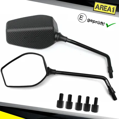 Produktbild von Area1 Motorrad Spiegel Rückspiegel Set (rechts+links) E- 2xM10 Rechtsgewinde inkl. Adapter kompatibel mit Honda Kawasaki KSR Suzuki(E295)