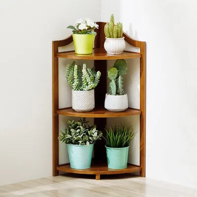 Image de Étagère d'angle en bambou, 3 niveaux, support pour plantes, bibliothèque, couleur marron
