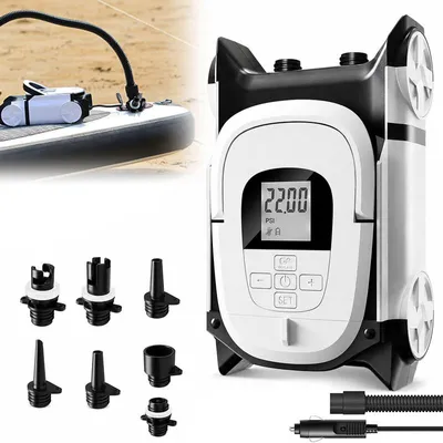 Produktbild von 22PSI Elektrische SUP Pumpe 12V, Doppelmotor, Auto-Stopp, LCD, 7 Düsen – Stand Up Paddling Pumpe & Elektropumpe für Boot, Kajak & Luftmatratze