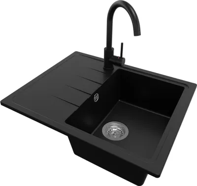A black granite kitchen sink with a black faucet, shown from a diagonal angle against a white background.