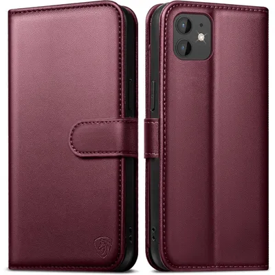 Obrázok produktu pre Puzdro na iPhone 11 s klopkou, s 6 priehradkami na karty a ochranou proti RFID, farba: vínová