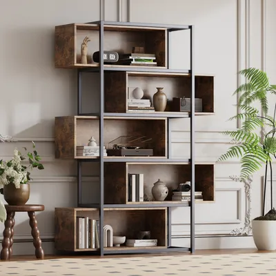 Produktbild von okwish Bücherregal Vitrine Beistellschrank Kommode mit Kippschutz,brauner Holzmaserung