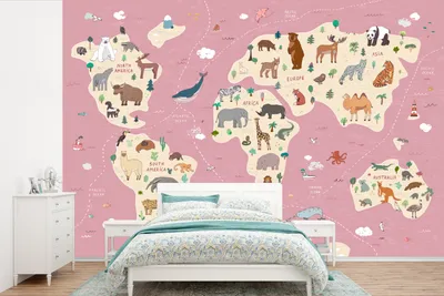 Produktbild von Kinderweltkarte Wandteller - Dekorative Wandbeklebung - Kontinente - Tiere - Rosa - 525x350 cm - Wanddekoration für Kinder