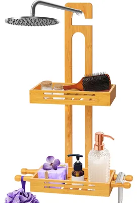 Image de Étagère de douche en bambou avec 2 niveaux et design antidérapant