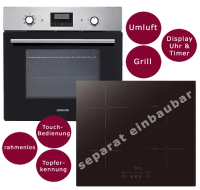 Produktbild von Einbau Herdset Backofen Umluft Timer autarkes Induktionskochfeld 60 cm rahmenlos