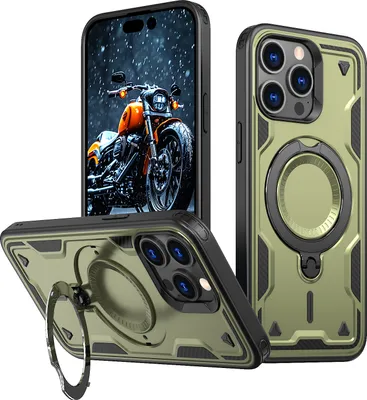 Produktbild von Dual Layer Hülle für iPhone 15 Pro Max Metall Ring Ständer Magnetisch Stoßfest Militär Handyhülle Grün