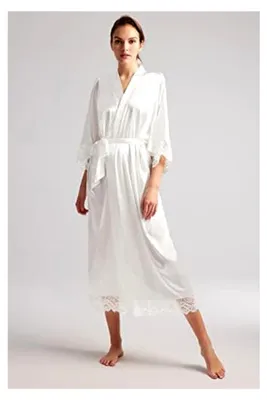 Produktbild von Damen Morgenmantel Lang Kurz Einfarbiger Bademantel Spitzen Ärmel Seide Satin Kimono Kleid Damen Sommer Robe Reine Farbe Schlafmantel