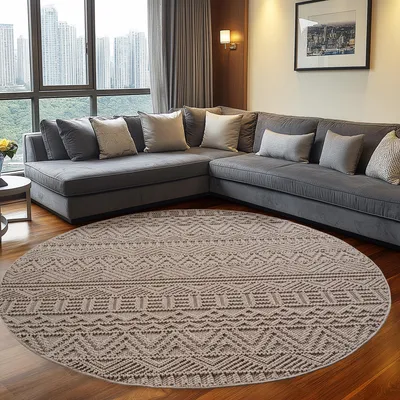Image de Teppium Tapis Rond 120 cm Beige Design Vintage Bouclé Boucles Style Scandinave Moderne Doux Résistant Facile à Nettoyer pour Salon Salle à Manger Chambre