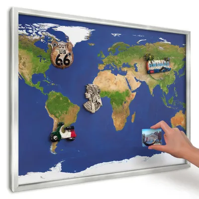 Produktbild von Magnettafel 70x50 cm in einem silbernen Rahmen - Magnetische Metalltafel, Magnetpinnwand zur Wandmontage für Wohnzimmer, Küche, Flur, Kinderzimmer und Büro - Kartierung der Welt