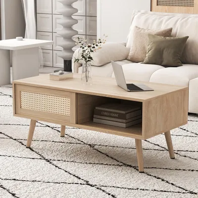 Image de Table basse tressée, table à thé avec portes coulissantes, pieds en bois massif, table de salon moderne, couleur naturelle - H 40 / L 1050 / P 55 cm