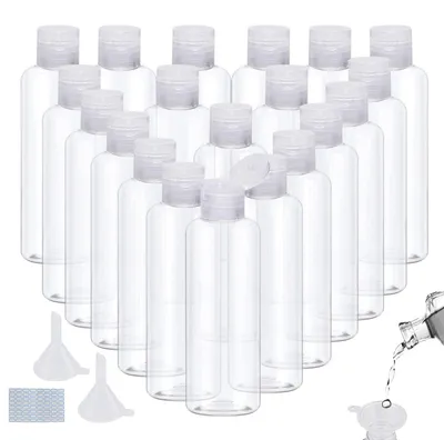 Zdjęcie produktu dla Zestaw 20 butelek podróżnych Solidchoice – pojemność 100 ml, plastikowe, z lejkiem i etykietami – trwałe/przezroczyste – do szamponu/odżywki – idealne w podróży – butelki kosmetyczne