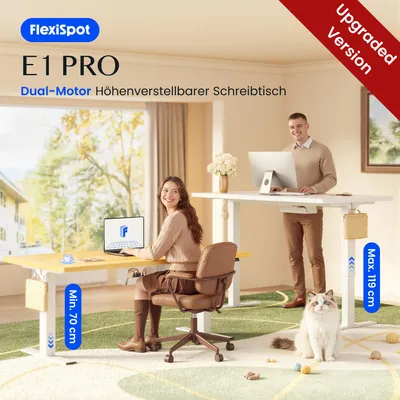 Produktbild von FLEXISPOT E1 Pro Elektrisch Höhenverstellbarer Schreibtisch 120x80cm 25MM EINTEILIGE TISCHPLATTE Doppelmotor 120KG Tragkraft, 4 Speicherplätze (Braun)