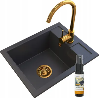 Produktbild von Granitan | Granitspüle - BEST - 1-Becken - mit goldfarbener Armatur - mit Siphon - Schwarz - 50 x 40 cm
