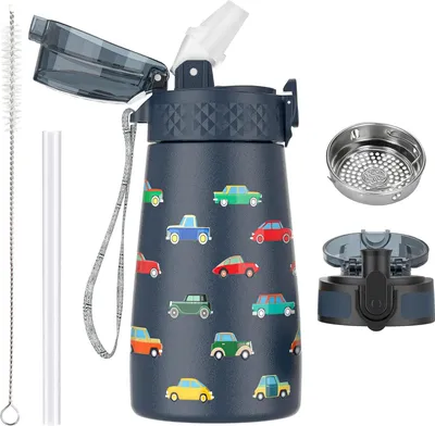 Obrázek produktu pro Láhev na vodu pro děti, 350 ml, s brčkem, do školy, se 2 různými víčky, kovové vakuově izolované láhve na vodu pro chlapce, dívky, batolata, děti, teplé a studené nápoje