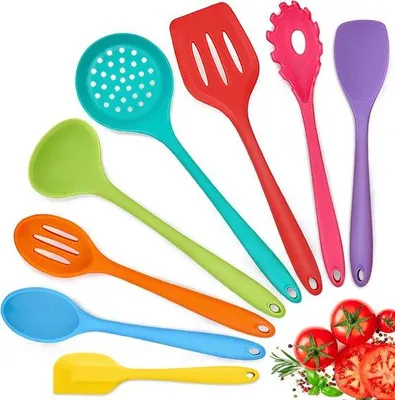 Produktbild von Famanu 8-teiliges Silikon Kochbesteck-Set - Hitzebeständig und Ergonomisch