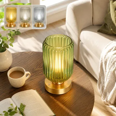 Productafbeelding van Draadloze bureaulamp met batterij, LED-aanraaklamp met dimfunctie, oplaadbaar via USB-C, 3 kleurtemperaturen, glazen lampenkap. Geschikt voor restaurants, cafés, hotels, slaapkamers. Kleur: goud - groen