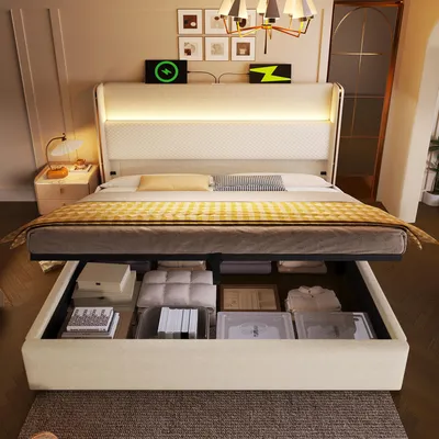 Image de Lit simple confortable avec espace de rangement et éclairage LED moderne, connexions USB/Type-C incluses, en lin beige élégant, 160x200cm