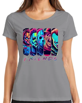 Productafbeelding van Horrorvrienden Neon Chucky Michael Myers Jason Freddy Pennywise Dames T-shirt, grijs, XXL