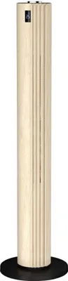 A vertical tower fan with a wood-grain finish and a black base.