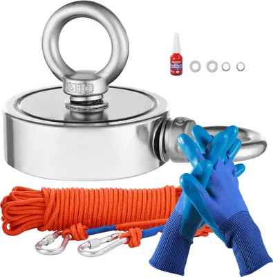 Obrázok produktu pre VEVOR Magnet Fishing Kit Magnet Fishing Kit (oranžový) 450 kg ťažná sila na oboch stranách, vrátane háčika Vysoko výkonné lano Rukavice (modré) Lepidlo na očká