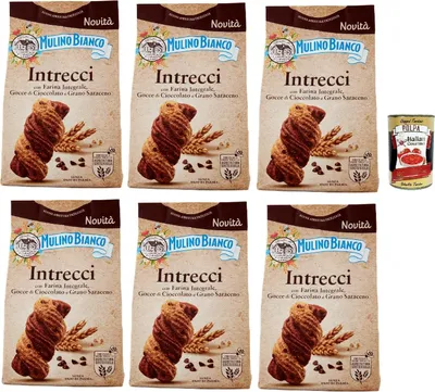 Produktbild von Mulino Bianco Intrecci Biscotti, Vollkorn -Kekse mit Kakao -Gebäck und Schokoladenchips, biscuits, cookies, 6x 300g + Italian Gourmet polpa 400g