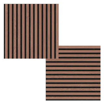 Two acoustic panels, one with vertical slats and the other with horizontal slats, are shown against a white background.