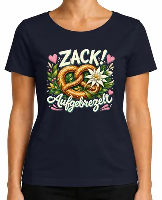 Immagine prodotto di Zack Aufgebrezelt: Bretzel, Edelweiss. Maglietta tradizionale, pantaloni in pelle, abito tradizionale. T-shirt da donna, blu navy, taglia L