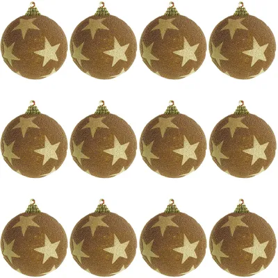 Image de 12 pcs. boules d'arbre de Noël Étoile floquée paillettes or Ø 8cm