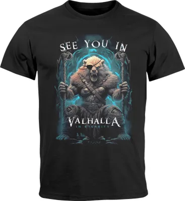 Produktbild von Herren T-Shirt Frontprint See you in Valhalla Wikinger Krieger Nordmänner Mythologie Neverless® schwarz XS