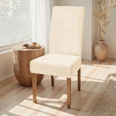 Produktbild von Unyqoos® Stretch-Stuhlhussen 6er-Set – abnehmbare, waschbare Chenille-Stuhlbezüge (92% Polyester, 8% Elasthan) für Esszimmerstühle ohne Armlehnen, passend für Rückenhöhe 50–60 cm