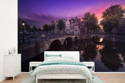 Produktbild von MuchoWow® Fototapete für Wohnzimmer oder Schlafzimmer Wandtapete Vinyl Motivtapete Bild der Keizersgracht in Amsterdam unter einem bunten Himmel - 360x240 cm - Vinyl-Tapete